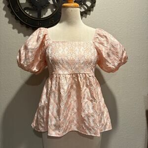 ENTRO Embroidered Style Floral Peplum Peachy Powder Pink Sz L Cottage Core
